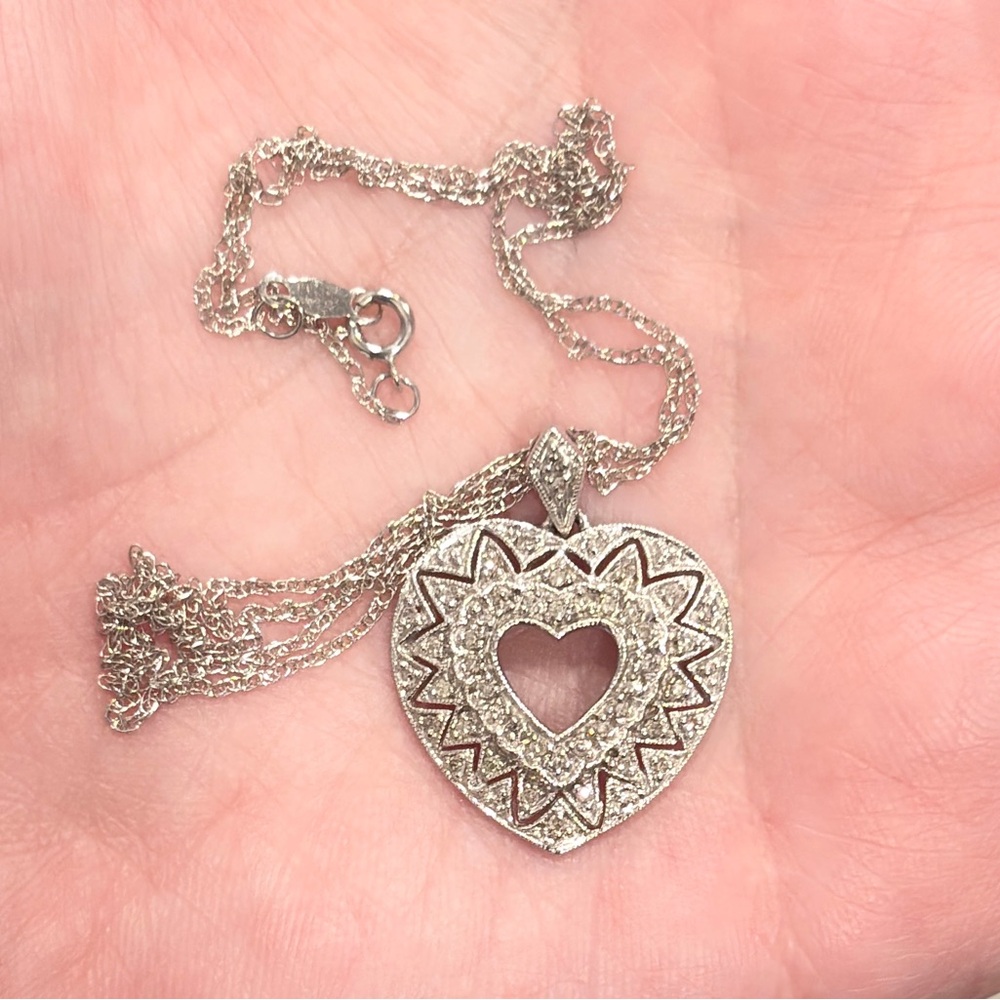 10K Diamond Heart Necklace, Dainty Filigree, Lavalier Style, White Gold, ADL - Picture 12 of 12